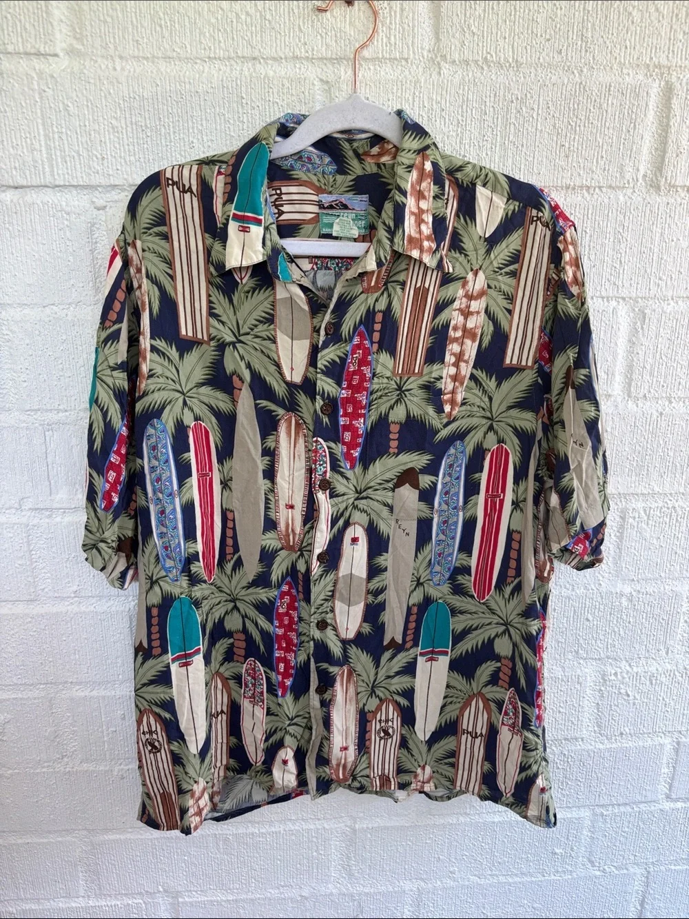 Reyn Spooner Vintage Navy & Green Surfboard Print Button-Down Shirt sz M